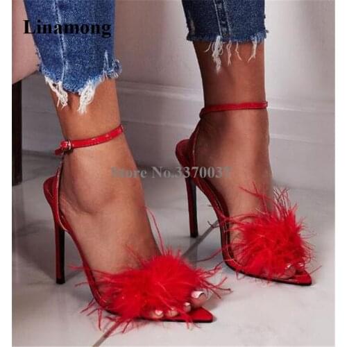 Newest Women Charming Open Pointed Toe Front Fur Stiletto Heel Sandals Red Black Ankle Strap High Heels Dress Heels Wedding Shoe