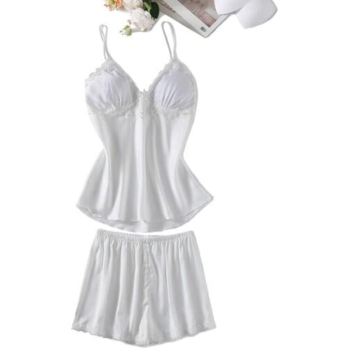 2021 Summer 2PCS Strap Top&Shorts Pajamas Set Womens Ice Silk Pijama Lace Trim Sleepwear Sexy V-Neck Intimate Homewear With Bra