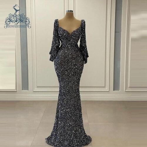 Luxury Sparkle Dark Gray Mermaid Prom Dresses Beaded Sequined Flare Sleeves Long Prom Gowns Formal Dress Abendkleider