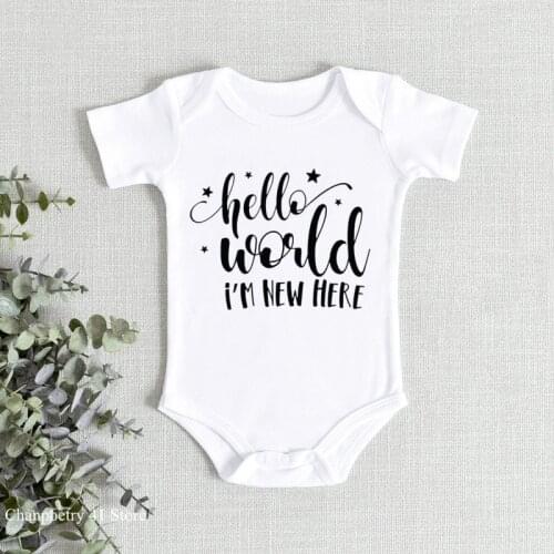 Cute Letters Hello World I'm New Here Cotton Baby Bodysuit Short Sleeve Newborn Clothes Infant Boy Girl Outfits 0-18M