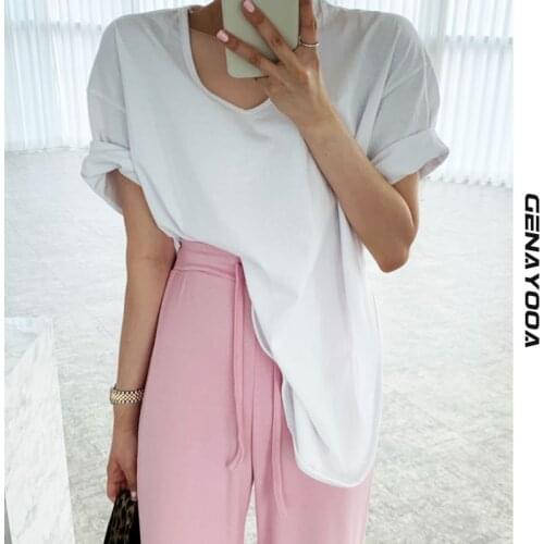 Genayooa V-neck Cotton Korean Tops Womens T-shirt Short Sleeve Irregular Tshirt Ladies Harajuku Tee Shirt Femme 2021 Summer