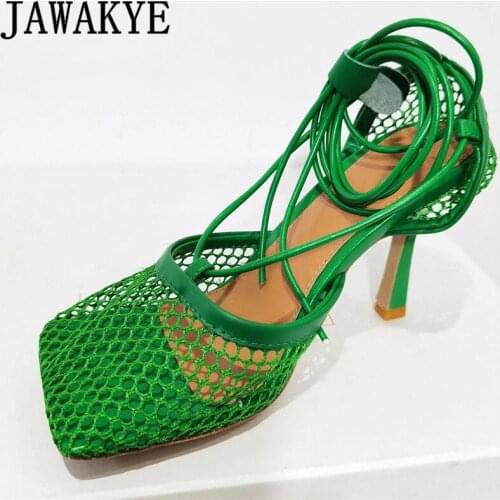 2021 Summer Hot sale Square toe Mesh Sandals Women Hollow Warp toe Ankle Lace up high-heel Shoes Sexy Luxury Brand Shoes mujer