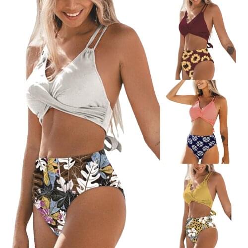 Women Fashion 2-piece Swimming Suit Backless Solid Color Tops + High Waist Bottoms Set Swimsuit Baech Wear