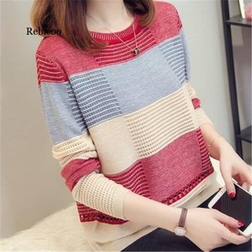 Spring autumn women sweater Korean color matching loose striped long-sleeved pullover Knitwear autumn Hollow sweater