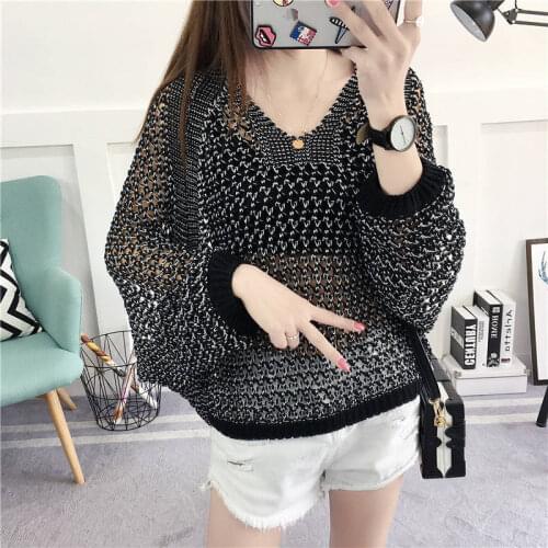 2021 summer bright silk thin 200 kg womens hollow clothing V-neck pullover loose seven-point sleeve bat knit top