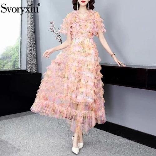 Svoryxiu Elegant Mesh Cascading Ruffle Flower Print Party Maxi Dress Womens Fashion Runway Summer Short Sleeve Long Dresses XXL