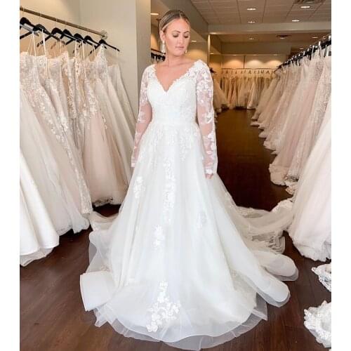 Elegant Plus Size Wedding Dresses Deep V-neck Long Sleeves Bridal Gown 2020 New A-line Bride Dress Customized Vestido de Novia