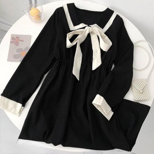 2021 Autumn Retro Black Midi Dresses for Women Party Long Sleeve Vintage Y2k Dress Korea Bow Design Kawaii Elegant Dress Fashion