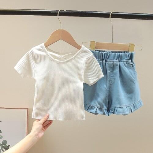 2021 Summer Toddler Kids Baby Girl Clothe Sets 2-6Y Short Sleeve Solid Color T-shirt Tops Denim Shorts 2PCS Girls Clothing Set