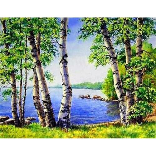 Diamond Painting Tree Landscape Full Square/Round 5d Diamond Embroidery White Birch Lake Picture Rhinestone Mosaic Handmade Art