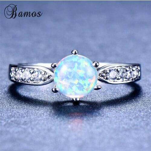 Bamos Female White/Blue Fire Opal Ring Round Finger Ring Promise Wedding Rings For Women Silver Color Minimalist Jewelry