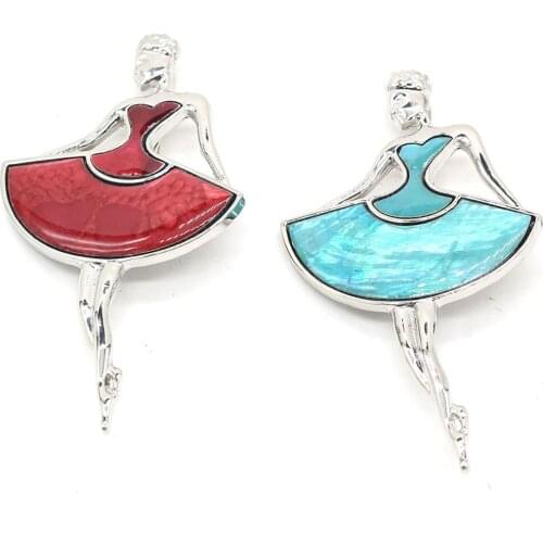 Natural Shells Brooches Alloy Ballet Dancer Abalone Shell Pendant Pins for Dual Use Charm DIY Making Jewelry Findings 45x80mm