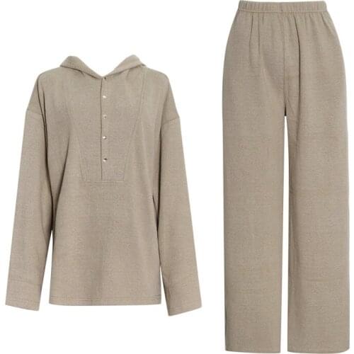 New Women Two Piece Pant Sets Full Sleeve Hooded Collar Knit Tops Elastic Waist Straight Leg Pants Female Knitted Pants Set