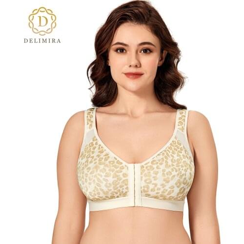 DELIMIRA Womens Full Coverage Front Closure Wire Free X-shape Back Support Posture Bra Non-padded Printed