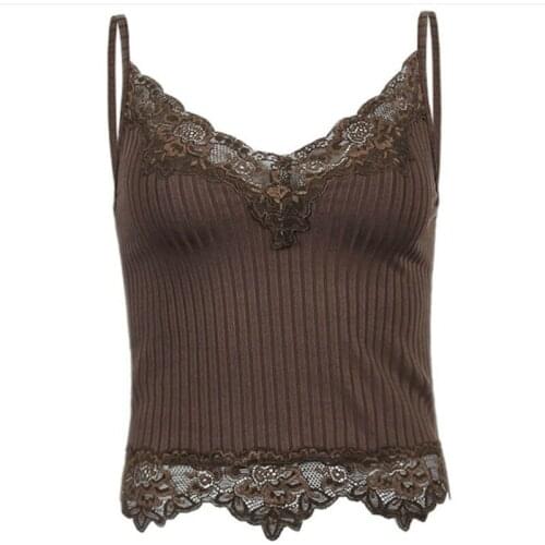 Damen Sommer Tank Top V-Ausschnitt Spitzenbesatz Camisole gerippte Oberteil Sexy