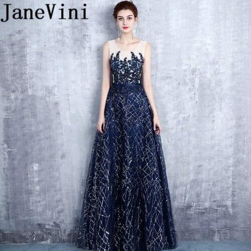 JaneVini Navy Blue Sprkly Sequins Beads Long Bridesmaid Dresses A Line Sheer Scoop Neck Lace Applique Women Prom Gowns Plus Size