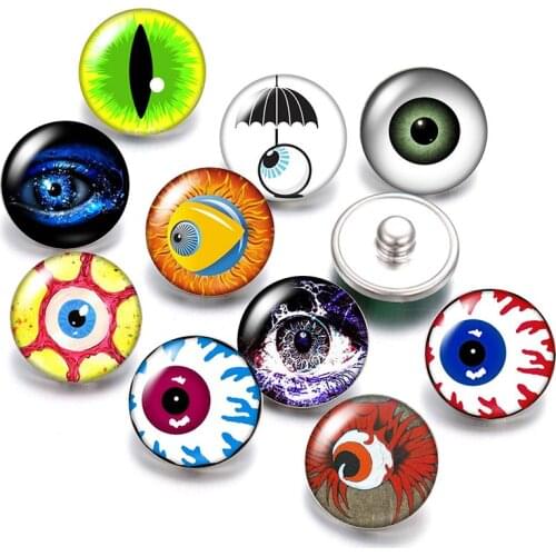 Fashion Colorful Eyes pupils 18mm snap buttons 10pcs mixed round photo glass cabochon style for snap button jewelry