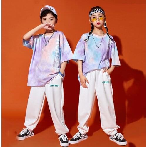 New Kids Hip Hop Clothes Street Dance Clothing Tie Dyed Top Girls Casual White Pants Boys Modern Ballroom Dancing Costume BL5976