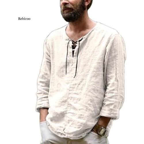 New Mens Linen V Neck Bandage t Shirts Male Solid Color Long Sleeves Casual Cotton Linen Tshirt Tops M-3Xl