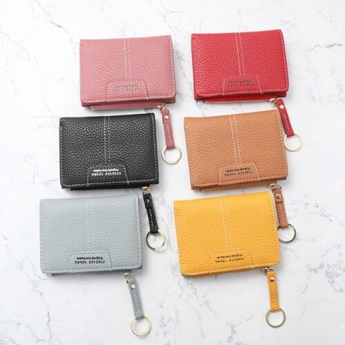 1PC Solid Color Womens Short Wallet Fashion Lychee Zipper Two-Fold Coin Purse PU Leather Card Holders Female Small Clutch