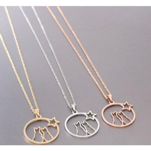 Wholesale 10pc/lot Two Cats Sitting With Star Stainless Steel Pendant Necklace Round Charms Kids Girls Women Lucky Gift