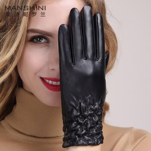 Genuine leather gloves thick brushed sheepskin telefingers gloves winter warm woman riding or drive gloves touch screen gloves