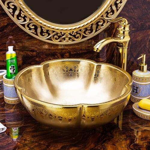 Gold flower Europe Style Handmade Countertop Ceramic Bathroom Basin Bathroom Sink ceramic washbasin china bathroom wash basin