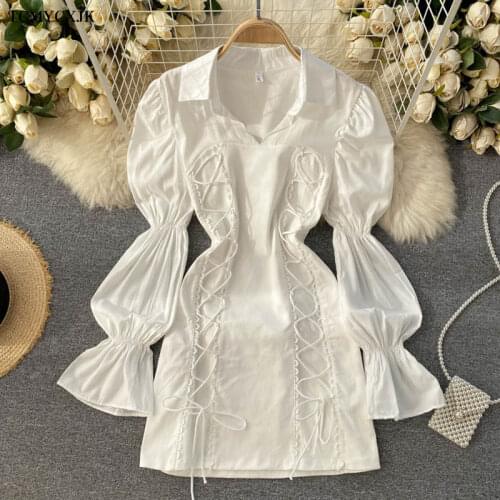 Spring New Drawstring Bandage Bodycon Dress Streetwear Puff Sleeve Fashion Brand Korean Sexy Mini Dresses For Women Vestidos