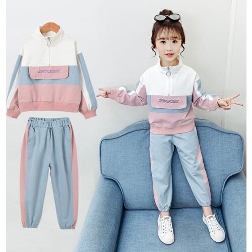 2020 Fashion Big Girls Windproof Sports Semi-high Collar Letter Zipper Clothing Set Teen Spring Winter Tracksuit Kids Sportswear