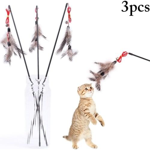 3pcs Pet Cat Teaser Toys Feather Wand Cat Catcher Teaser Stick Cat Interactive Toys Wood Rod Toy with Mini Bell for Cats Kitten