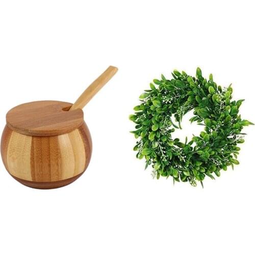 Promotion! Round Wreath Artificial Wreath Green Leaves 11 Inches & Kitchen Bamboo Natural Salt Shaker Household Spice Bottle