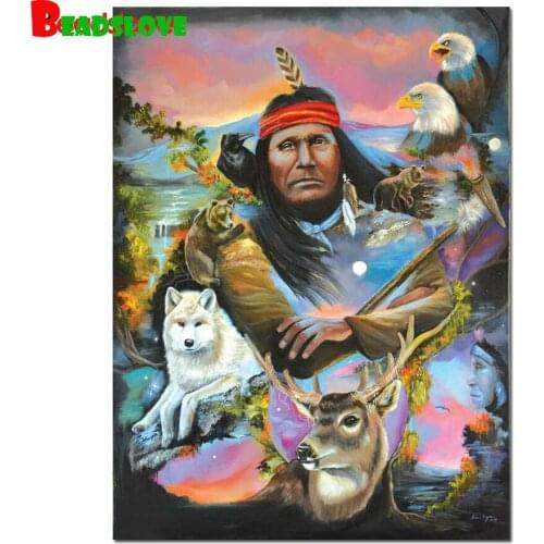 Diamond Painting 5D New Diamond Embroidery Indian Man & Animals Wolf Eagle Crafts Wall Decor Diamond Mosaic Animal Full Kit B65