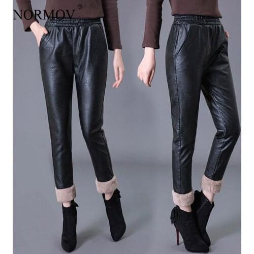 NORMOV Lamb Wool Pants Winter High Waist Thick Faux Leather Pants with Pockets Fashion Casual Loose Keep Wram Trousers Women