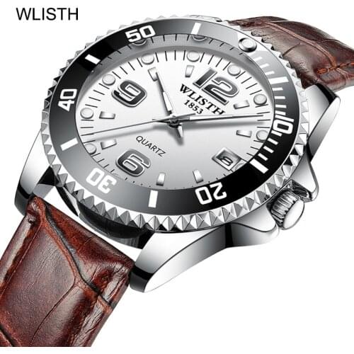 WLISTH New Fashion Men Watches Analog Quartz Wristwatches 30M Waterproof Luminous Sport Date Leather Band Watches reloj hombre
