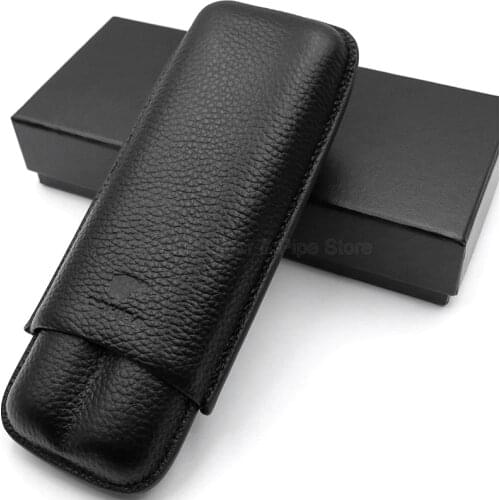 COHIBA Genuine Leather Black Cigarette Cigar Case Travel Holder Case Gadgets 2 Tube Cigar Portable Outdoor Case With Gift Box