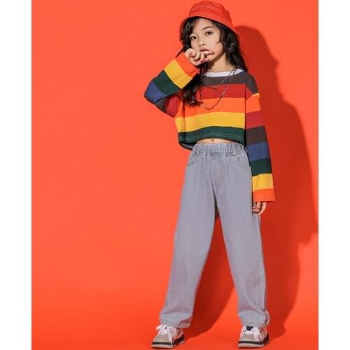 Children rainbow Sweatshirt Shirt Top Crop Hip Hop Clothing Outfits for Girl Jazz Dance Costume Ballroom Dancing Clothes Wear