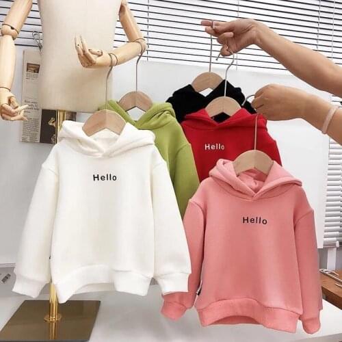 Baby Hoodies 2021 Winter Kid Boy Girl Clothes Design Hello Solid Plain Thick Fleece Hooded Childrens Pullover Tops Toddler Coat