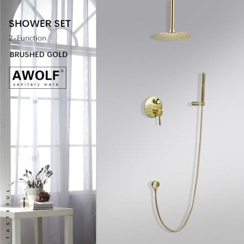 Bathroom Shower Set Solid Brass Brushed Gold Wall Mounted Simplicity Embedded Shower Bath System Faucet Tap AH3021