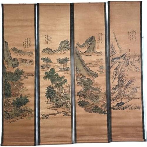 China Old Scroll Painting Four Screen Paintings Middle Hall Hanging Painting Calligraphy Landscape In Four Seasons Drawing