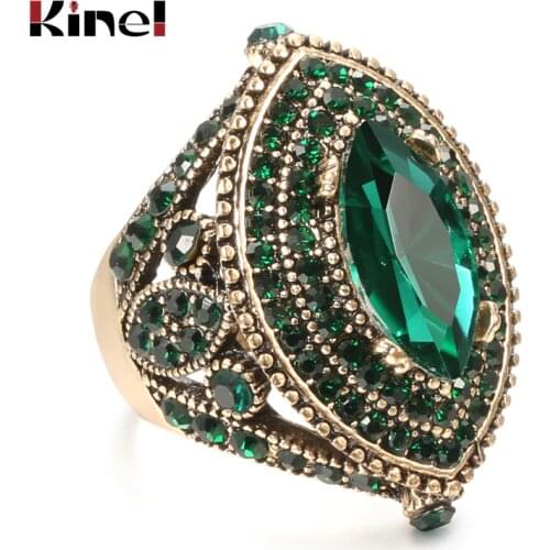 Kinel Luxury Antique Ring For Women Vintage Look AAA Green Crystal Boho Jewelry Gold Color Charm Ethnic Wedding Ring