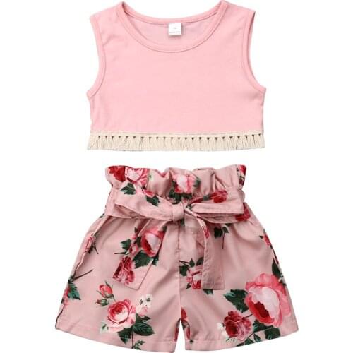 2019 Summer Toddler Kids Baby Girl Sleeveless Tassel Tank Tops High Waist Floral Shorts Pant 2PCS Girls Clothing Set