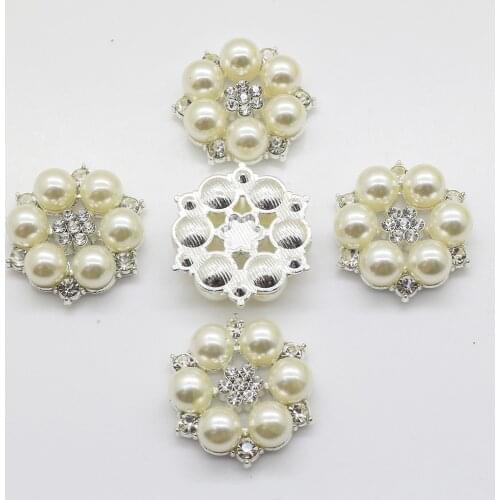 10pc 28mm lvory Pearl buttons metal Flower center for handmade flower Silver flatback rhinestone button DIY Fashion decorativos
