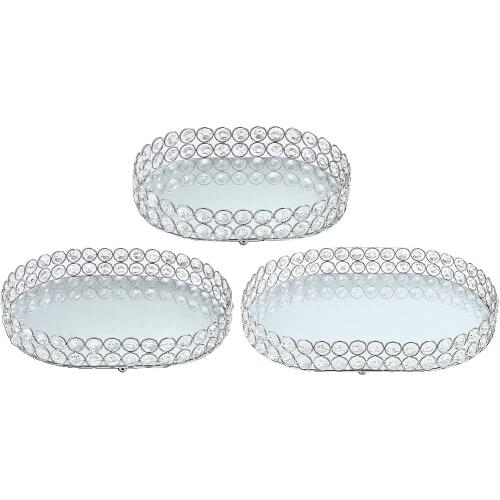 Metal Silver Oval Shape Serving/Dressing Table Tray With Mirror Glass Base
