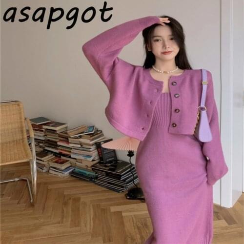 Fashion New Autumn Purple O Neck Cardigan Short Knitted Sweaters Slim High Waist Spaghetti Strap Dress Temperament Sets Lady