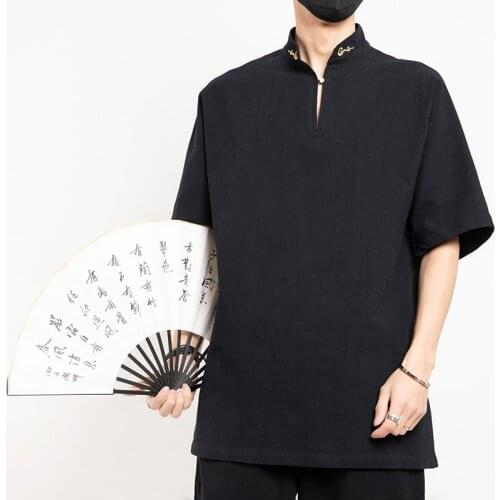 Men Vintage Tang Suit Oriental T Shirt Kung Fu Tee Tops Outfits Embroidery Loose Blouse Hanfu men shirt Tang Suit Tai Chi Unifor