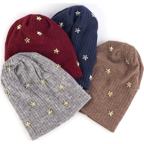 Soft Cotton Beanies With Gold Sliver Stars Winter Autumn Women Hats Elastic Knitted Skullies Hats Casual Ski Caps