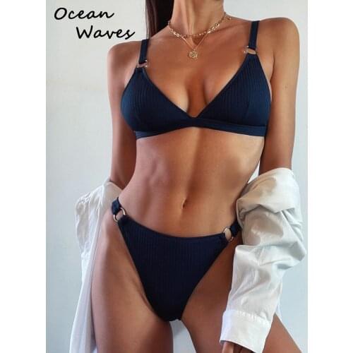 2021 New Summer Ribbed Bikinis Set High Leg Swimwear Womens Swimsuit Push Up Biquini Sexy Solid Bathing Suit Ring Girl Bikini