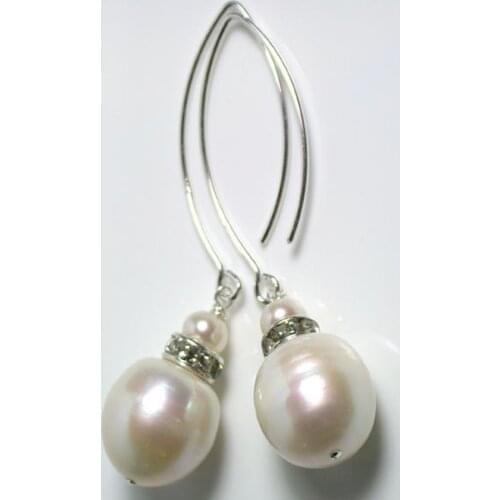 New Favorite Pearl Store White Color 12mm Freshwater Pearl Rhinestone Crystal S925 Sterling Silver Dangle Earring Nice Lady Gift