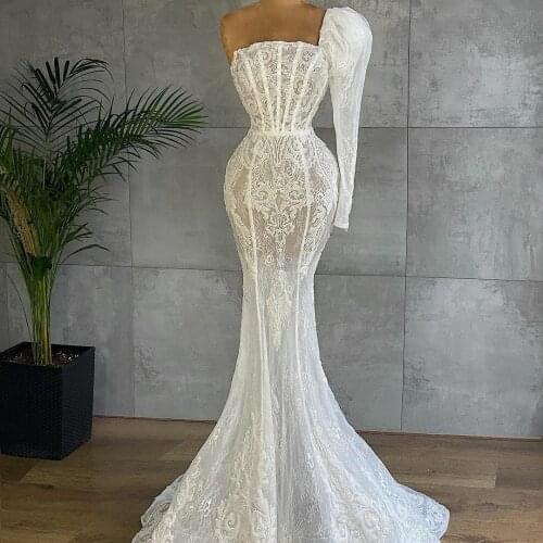 One Shoulder Mermaid Wedding Dresses Lace Appliques Arabic Bridal Gowns See Thru vestido de novia Customise