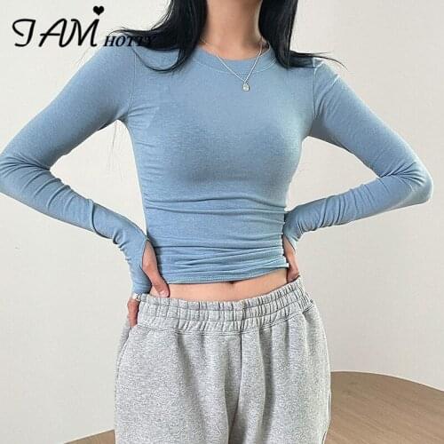 Solid Casual Knitted Tshirts Elegant O-neck Skinny Slim Tops Long Sleeve Basic Tee Korean Style Simple Pullovers Autumn Iamhotty